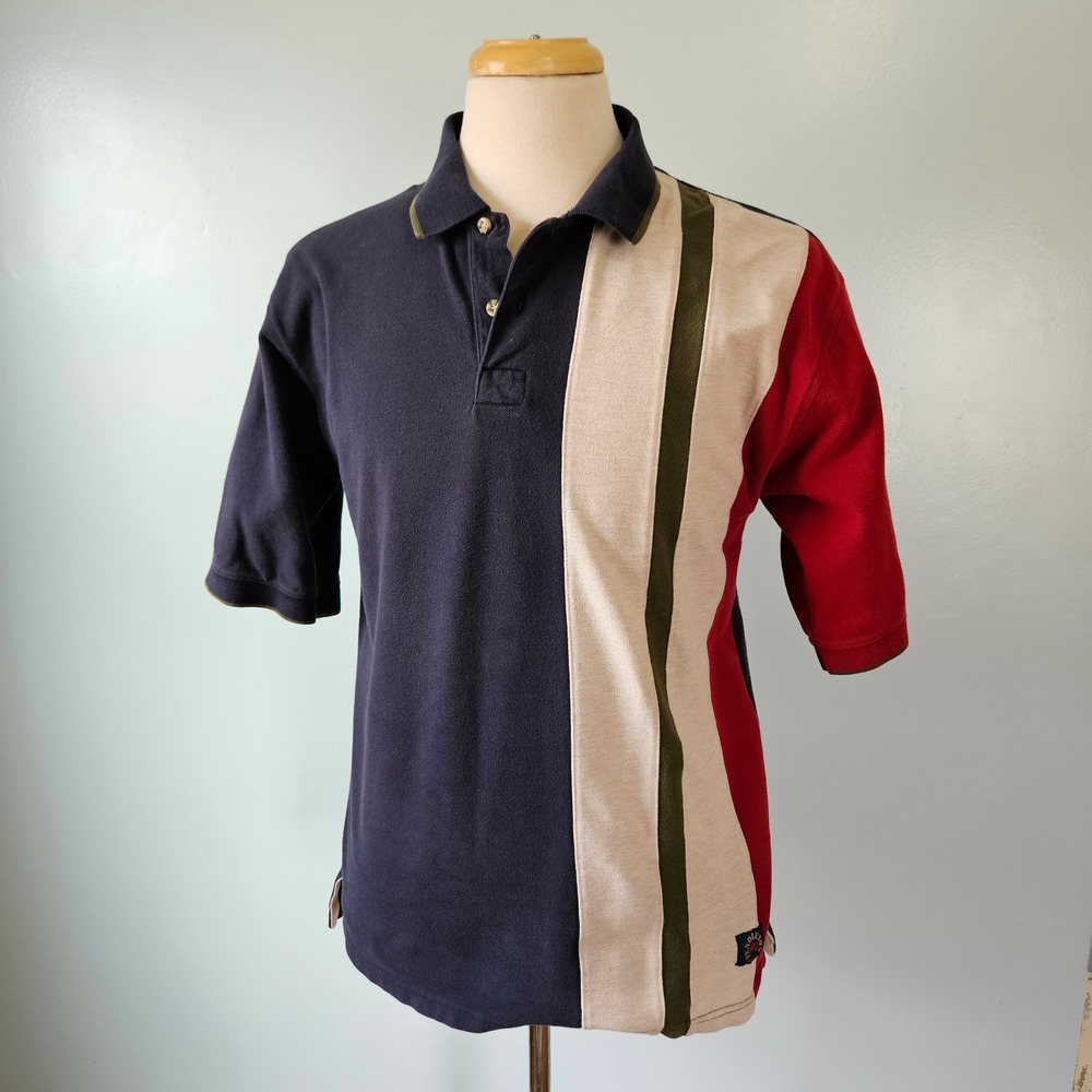 Pendleton Vtg 90s Large Colorblock Pique Polo Shirt Navy Red Striped Cotton